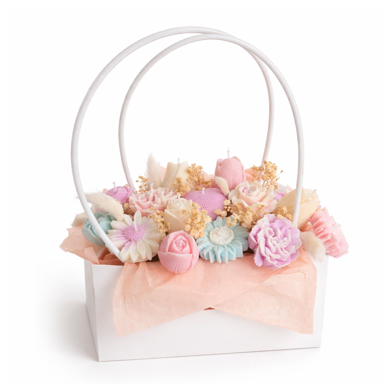 Bougies parfumées sculptées forme fleurs avec fleurs séchées